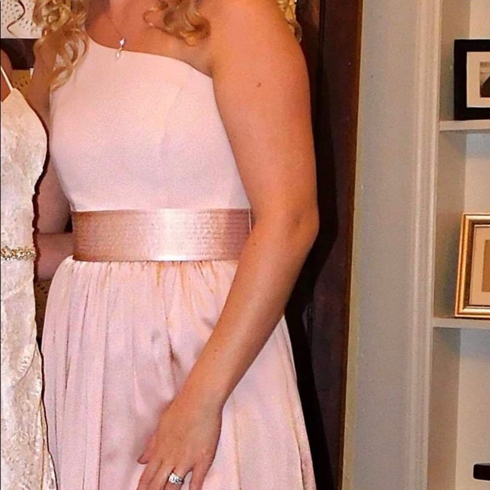 Blush one shoulder dress with sash by Vera Wang